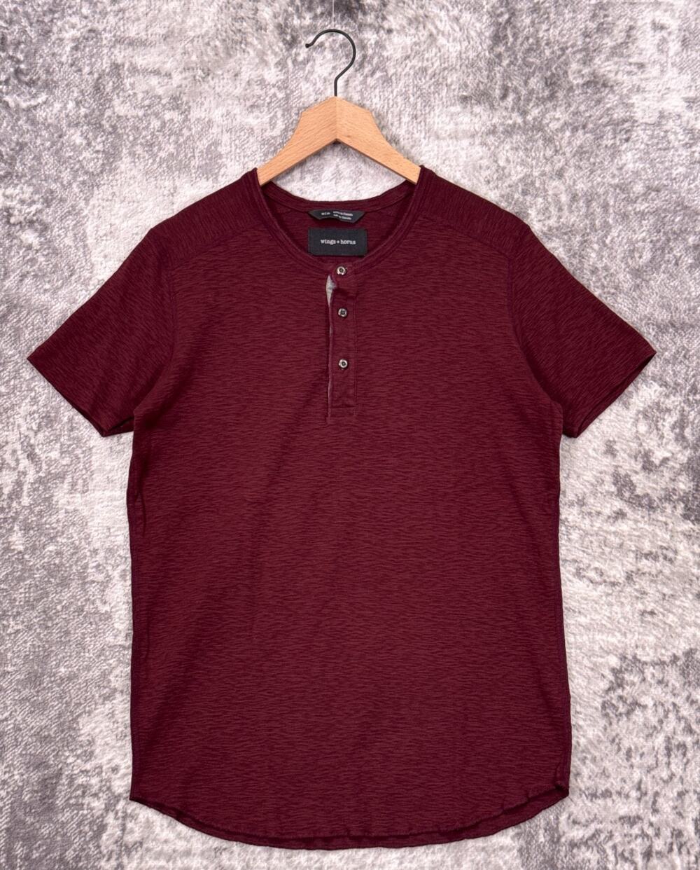 Wings + Horns Henley Shirt Medium Mens Red Short Sleeve